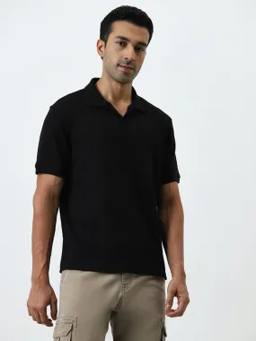 WES Casuals Black Textured Relaxed-Fit Cotton Polo T-Shirt